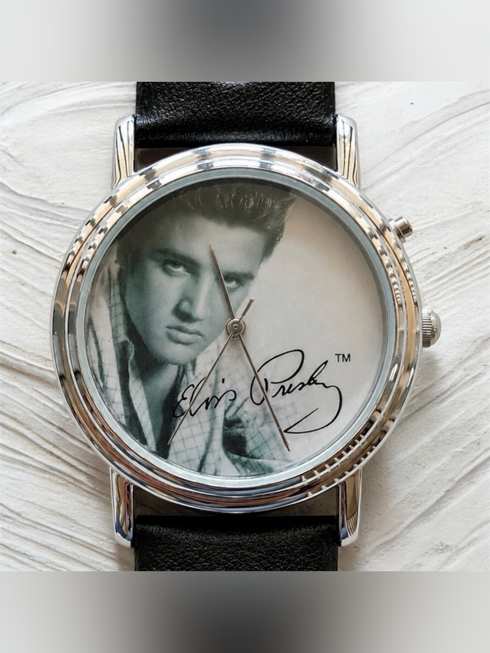 Elvis Presley - Black Leather Strap Silver-Tone Watch with Signature Dial